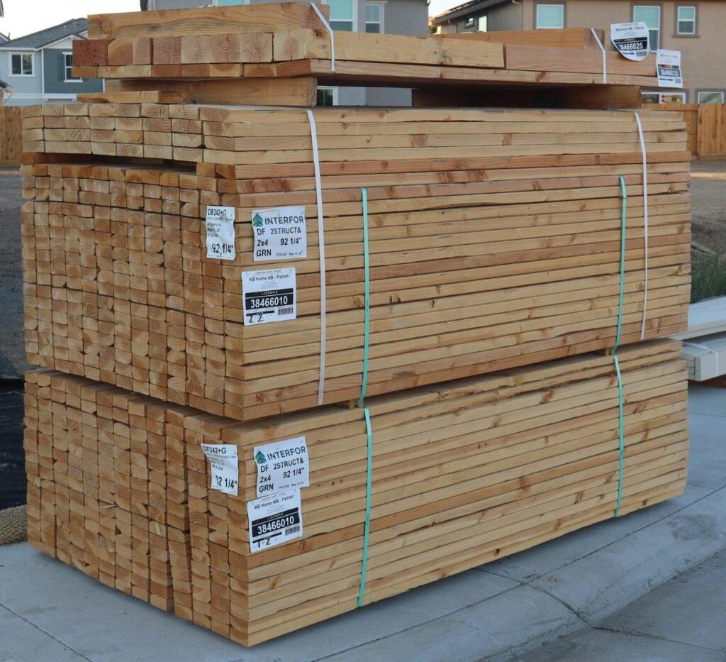 Neatly stacked lumber ready for home construction in Elk Grove, CA.